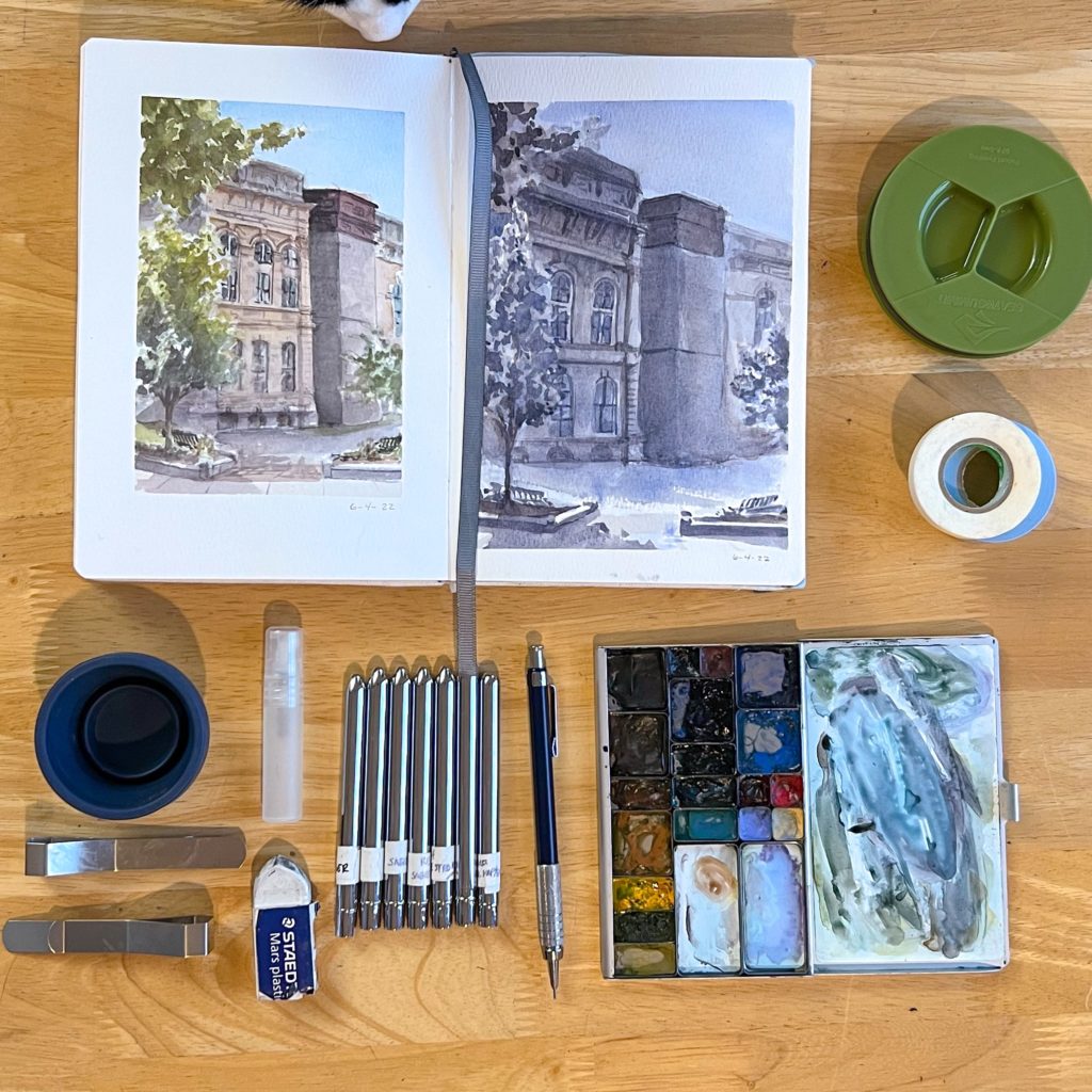 Picture of components of portable watercolor painting kit.