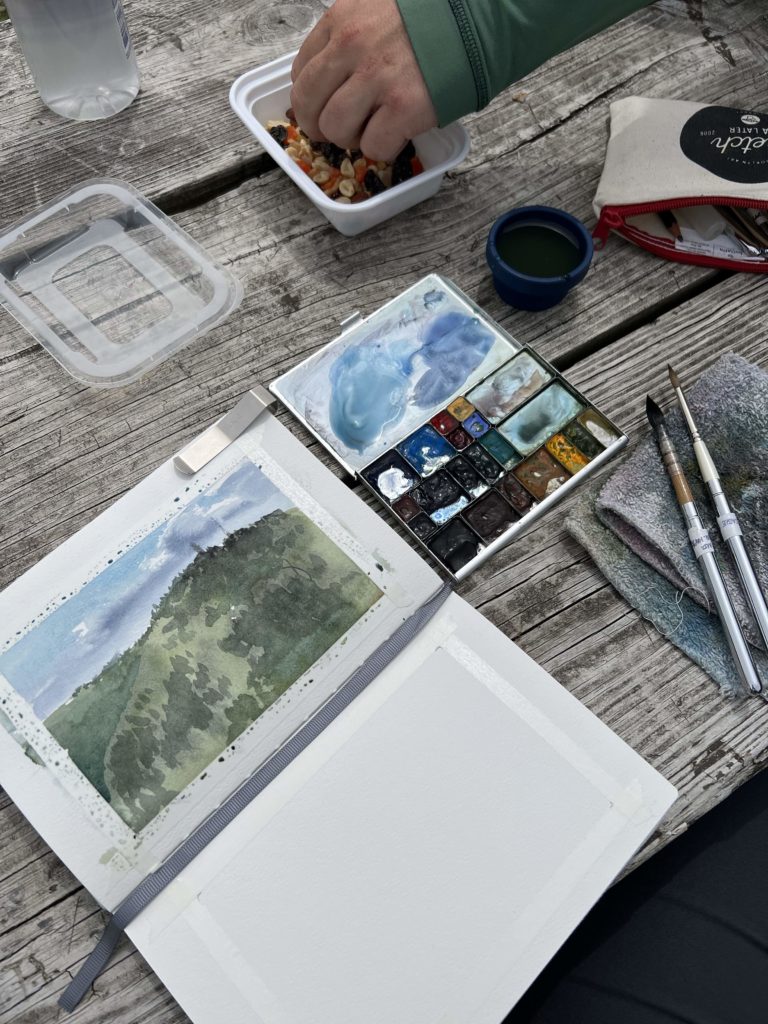 Picture of sketch done plein air  on hike using portable watercolor painting kit.