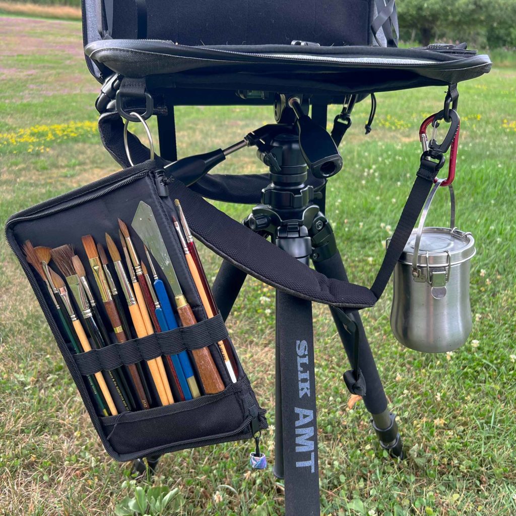 Large Watercolor Plein Air Setup Step  5: Supplies that hang are attached to the satchel via carabiners and clips.
