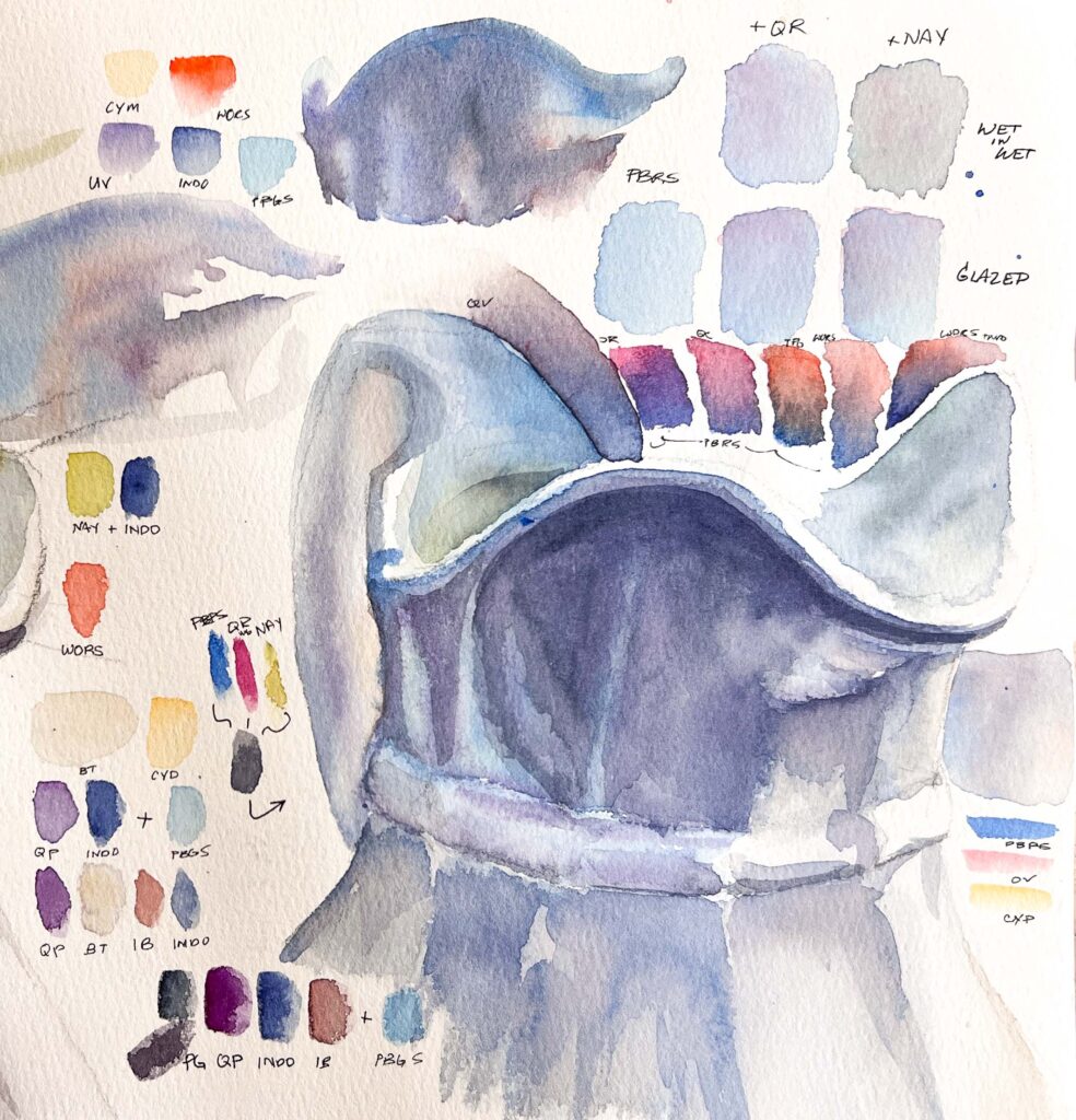 A sketchbook page with watercolor sketches of a vase surrounded by swatches.