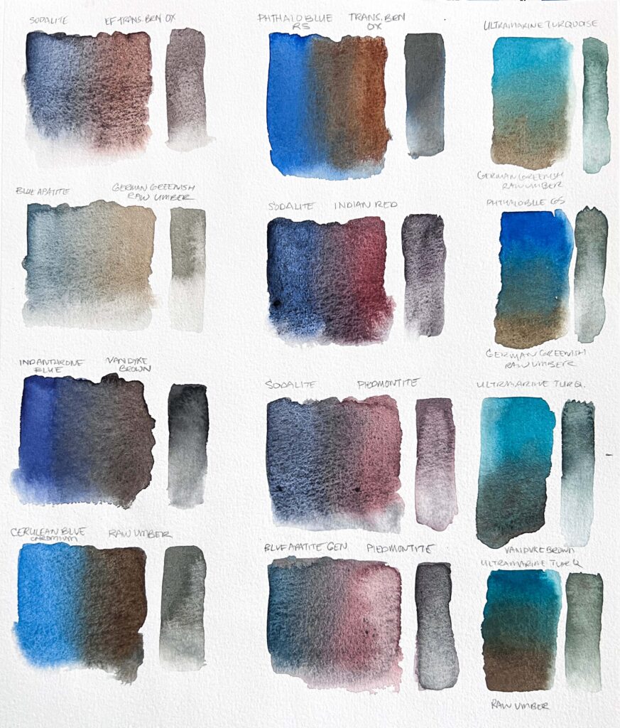 Watercolor Swatches of different blue and brown mixtures.